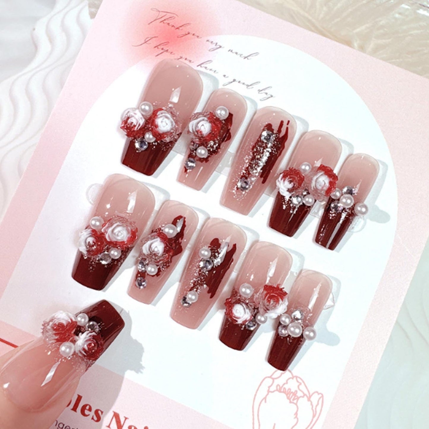 Hkanlre 3D Press on Nails Medium Fake Coffin Nails Tips Full Cover Luxury False Nails for Women and Girls 24PCS