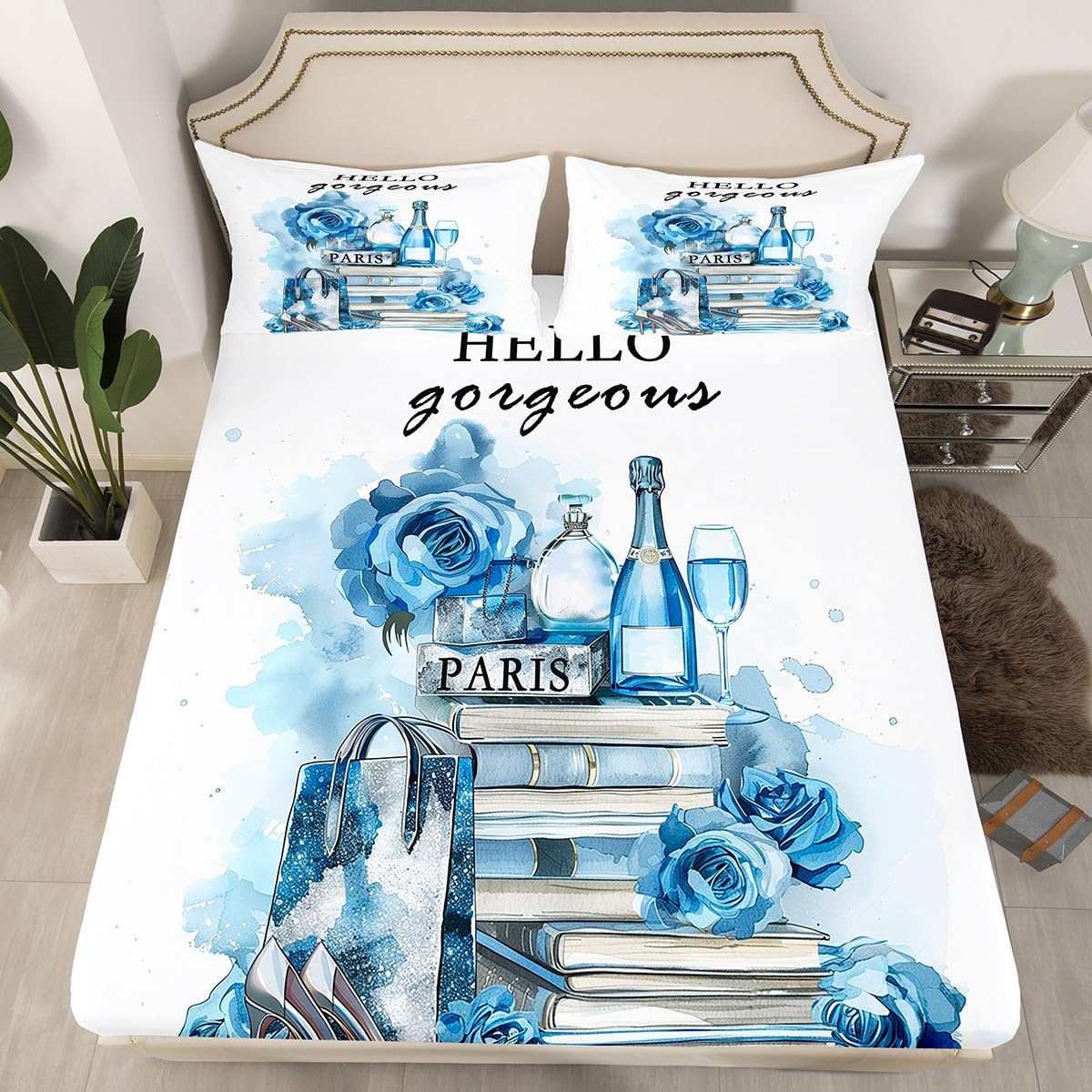 Erosebridal Girly Blue Bed Sheets King Size Silver Fashion Sheets Women Girls Teal Flower Perfume Sheet Set High Heels Champagne Magazine Books Floral Bedding Set Paris Romantic Decor