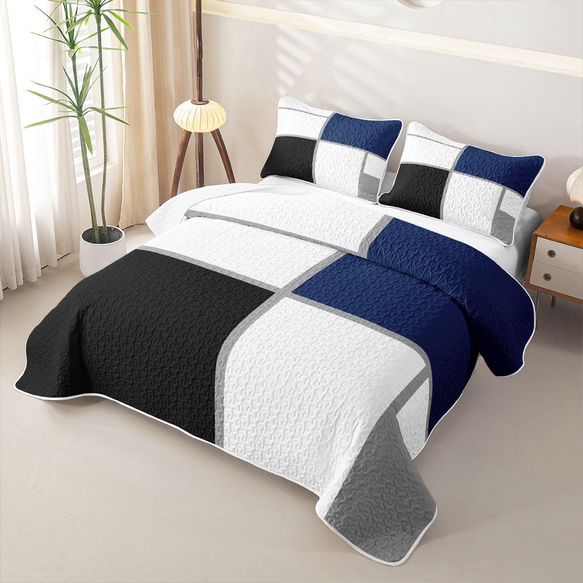 Erosebridal Geometric Quilt Twin for Adults Teens Black and White Abstract Quilt Set Navy Blue Striped Grid Coverlet for Minimalist Modern Art Patchwork Quilted Bedspread with 1 Pillowcase