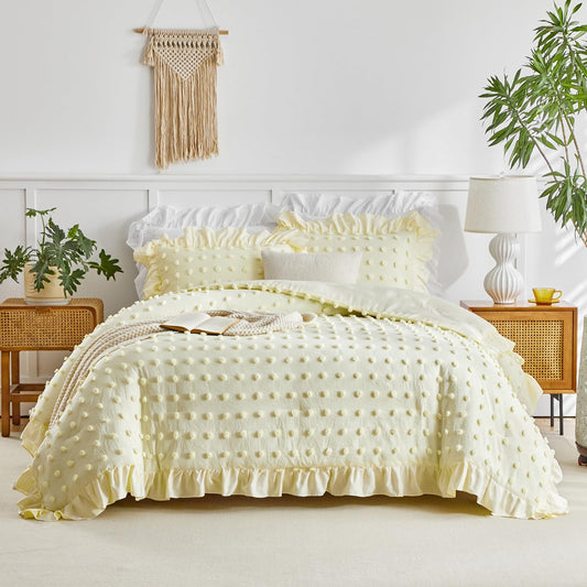 Flysheep Tufted Dots Ruffle Comforter Set Twin Size, 3 Pieces Yellow Vintage Farmhouse Shabby Chic Comforters, Jacquard Boho Bohemian Bedding Set for Kids (1 Ruffled Comforter+ 2 Pillow Shams)