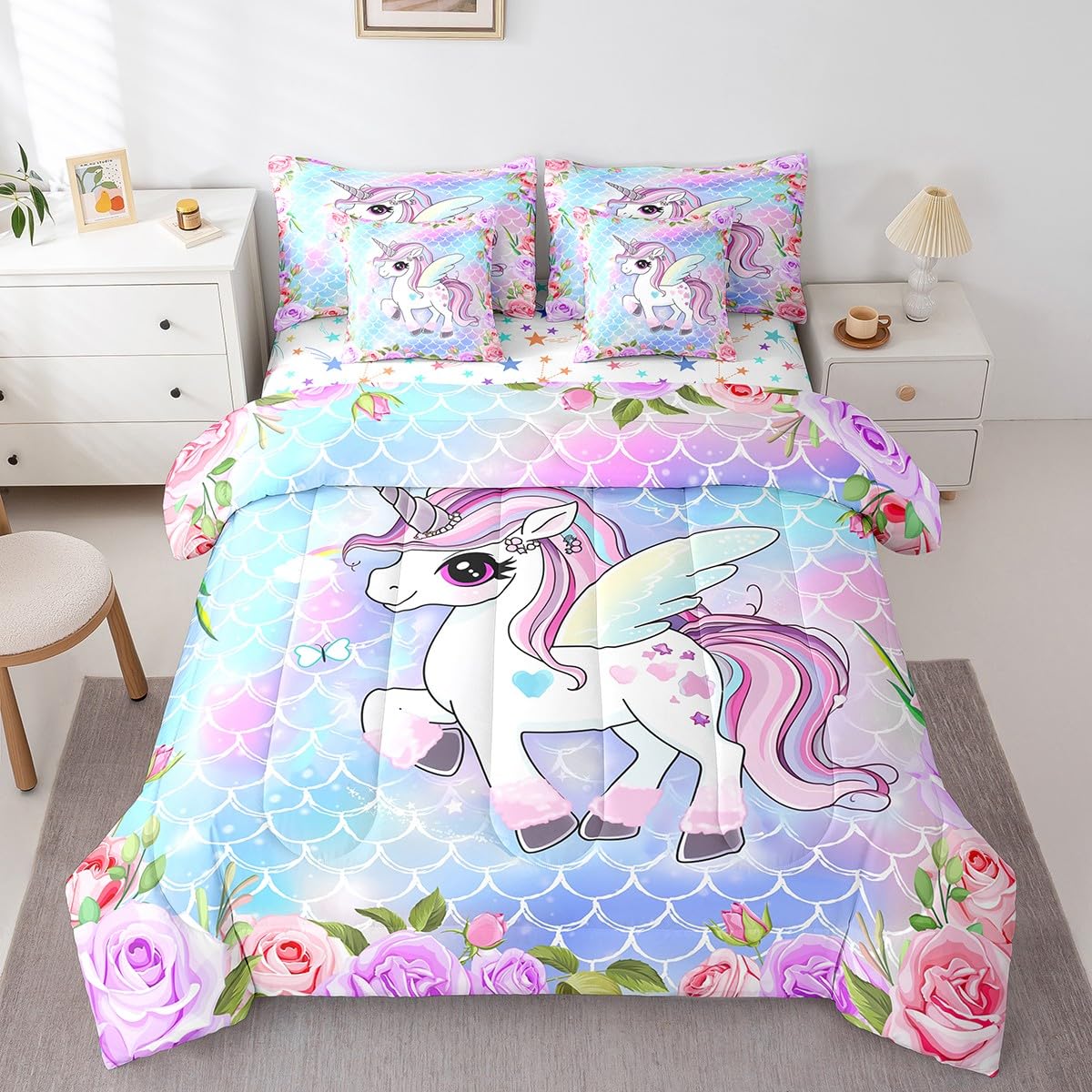 Cute Unicorn 7Pcs Comforter Set Full Size,Mermaid Scales Bedding Sets for Kids Girls Boys,Pink Purple Flower Bed in a Bag Dreamy Animals Fitted Sheet Flat Sheet,2 Throw Pillow 2 Pillowcases