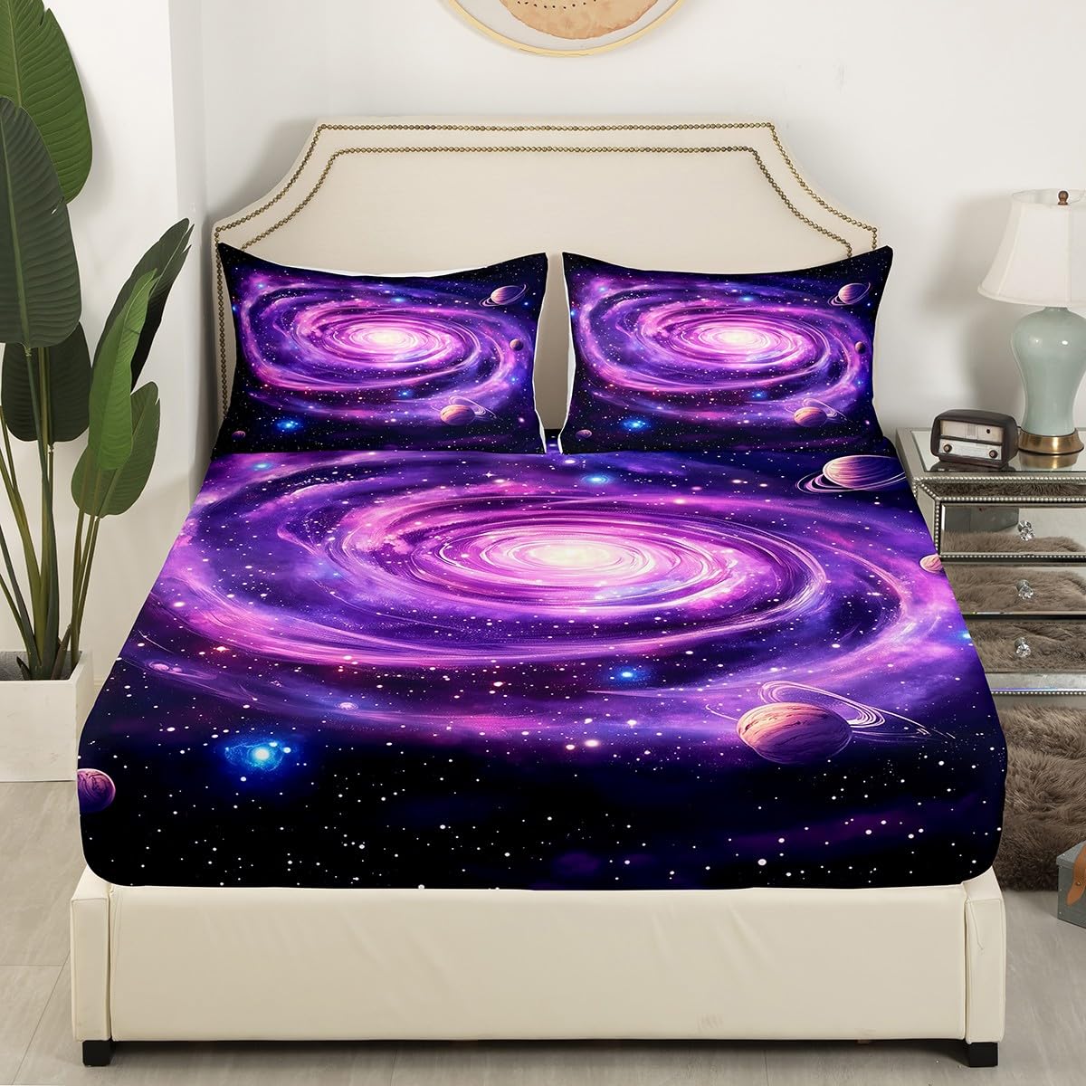 Outer Space Kids Fitted Sheet Full Size,Planets Glitter Starry Sky Galaxy Romantic Bedding Set,Boys Girls Room Decor,Geometric Vortex Bed Cover,Purple Bed Sheet,2 Pillowcases