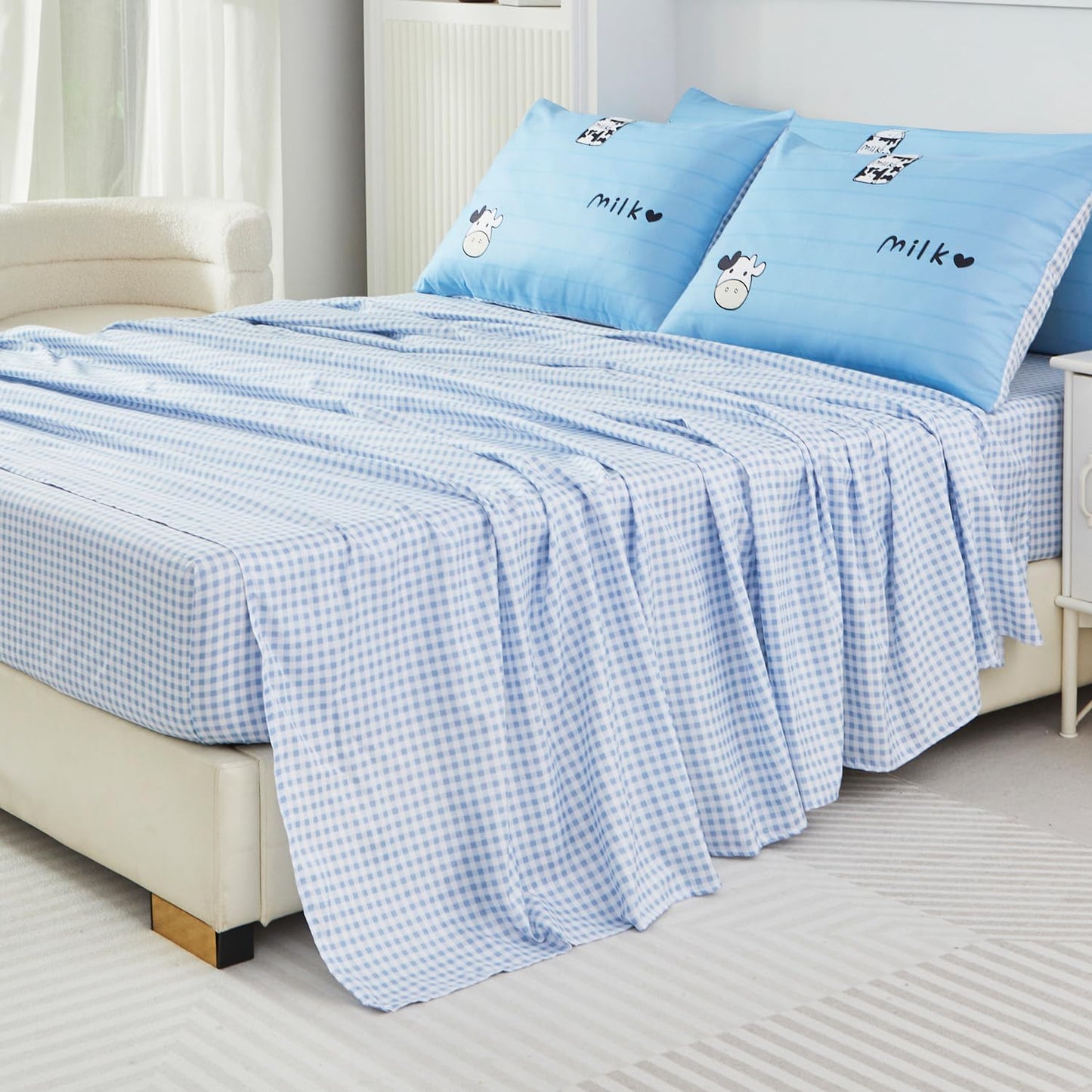 SUCSES 8 Pieces Blue Full Size Comforter Set Striped Western Kids Bedding Sets for Boys Girls Milk Cow Print Bed in A Bag with Comforter and Sheets (Blue, Full)