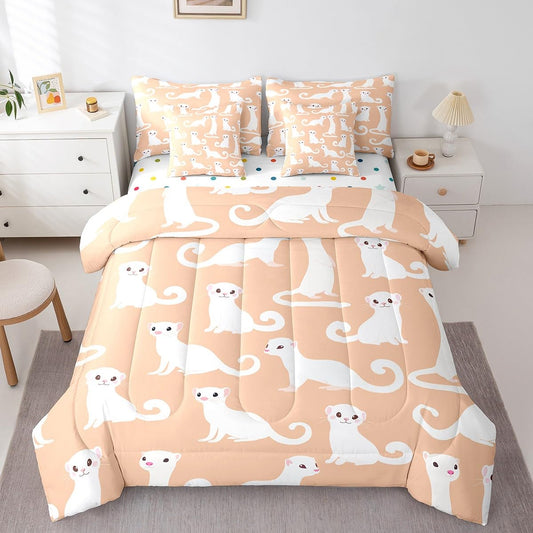 White Ferret 7 Piece Comforter Set Full Bed in a Bag,Kawaii Bedding Sets Cute Wild Animals Comforter and Sheet Set,Cartoon Wildlife Pet Minks Weasel Animal Room Decor