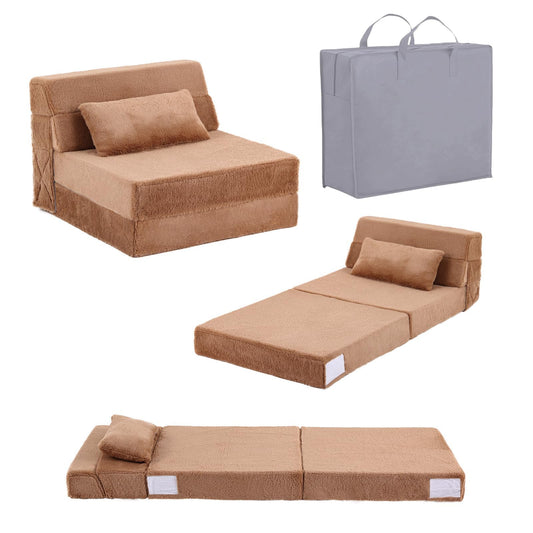 Tiita Convertible Folding Kids Sofa Bed with Pillow & Storage Bag, Plush Fabric Floor Mattress Couch Bed, Washable Cover, Kids Room, Playroom, Dorm, Apartment, Brown