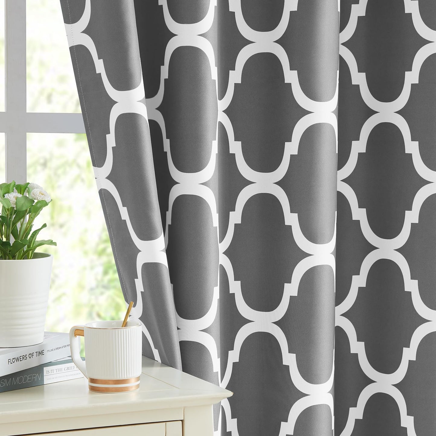 Melodieux Moroccan Printed Room Darkening Blackout Grommet Curtains for Living Room Bedroom, 52 by 84 Inch, Grey (2 Panels)