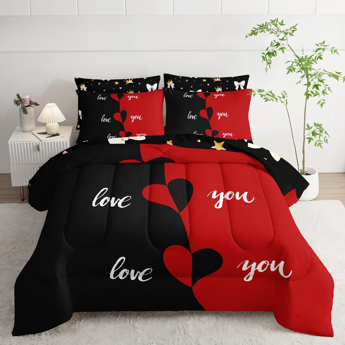 AILONEN Red Black Love Comforter Set Full Size,7-Piece Soft Bed in a Bag,Valentine Couples Printed Comforter & Fitted Sheet & Flat Sheet & 2 Pillowcases,2 Pillow Shams for Bedroom
