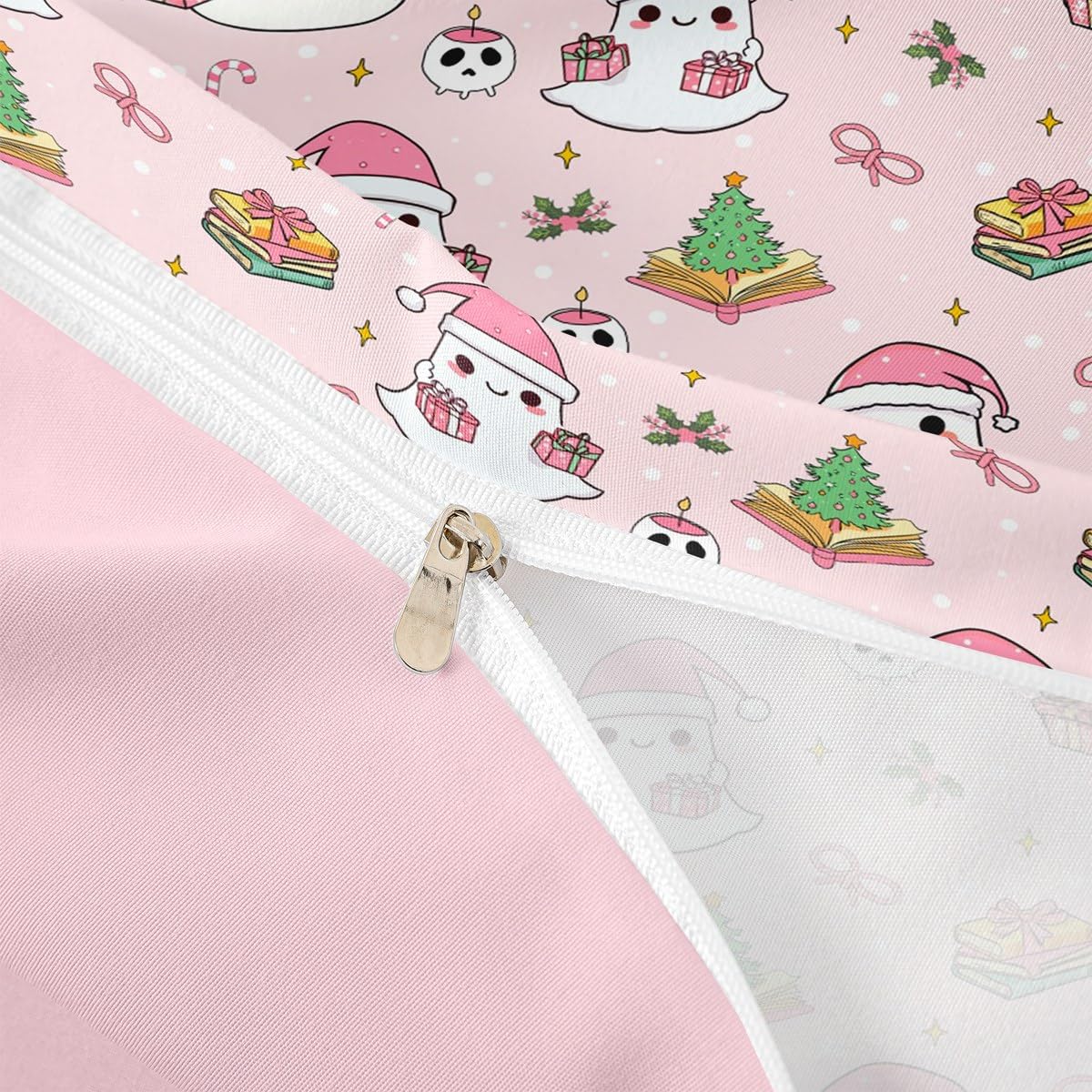 Christmas Ghost Duvet Cover Set Twin Size,Pink Santa's Hat Bedding Sets 2Pcs for Kids Girls Boys Adult Room Decor,Cartoon Christmas Tree Comforter Cover Candy Stars Print Quilt Cover,1 Pillowcase