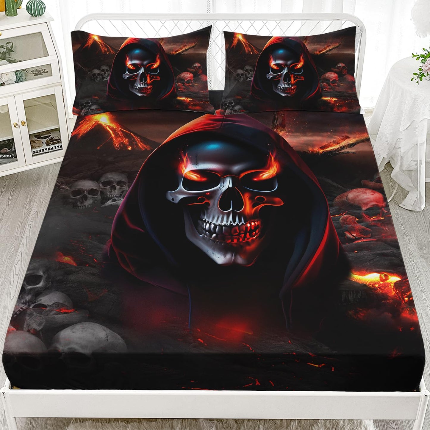 AILONEN Skull Fitted Sheet Twin XL Size, Halloween Bedding Set for Boys Girls, 3 Pieces (1 Fitted Sheet + 2 Pillow Cases)