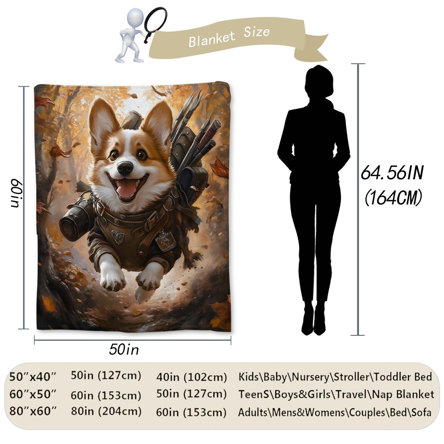 Ti Caldi Playful Corgi Blanket, Soft Cozy Flannel Throw Blanket for Adults Kids Women Men, Lightweight Warm Fuzzy Blankets for Bed, Couch, Travel & Home Decor 60×50 in