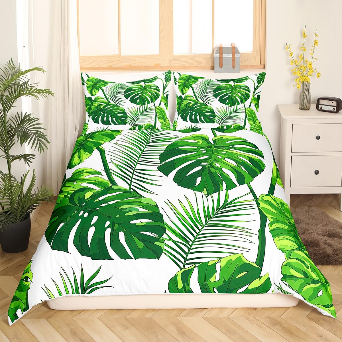Erosebridal Leaves Duvet Cover Queen Size for Kids Boys Girls,Decorative Luxury Palm Leaf Print Bedding Set Botanical Plant Green Soft Microfiber Tropical Comforter Cover with 2 Pillow Shams, Zipper