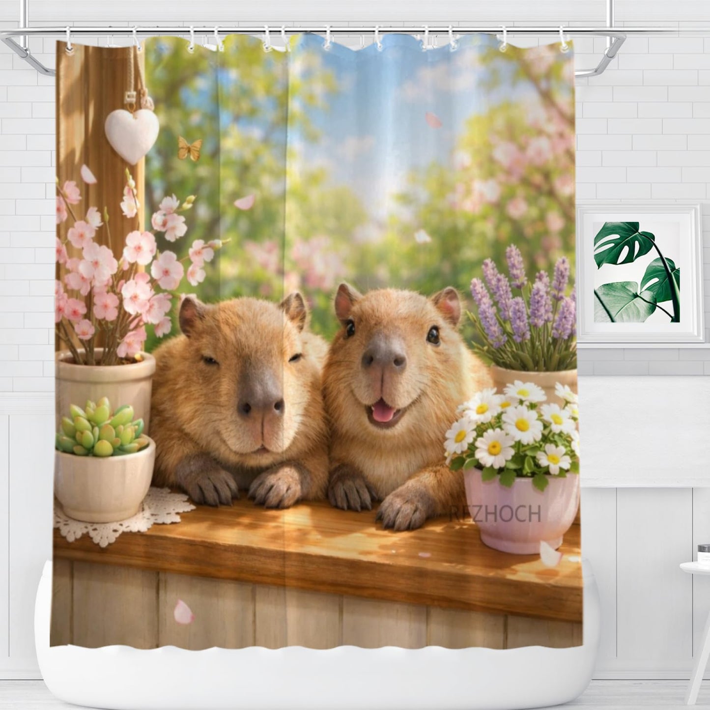REZHOCH Fun Capybara Shower Curtain 72x72Inch Cute Animals Home Bathroom Decor,Spring Summer Floral Window Scene Rustic Farmhouse Plants Soft Pastel Nature Waterproof Bath Set