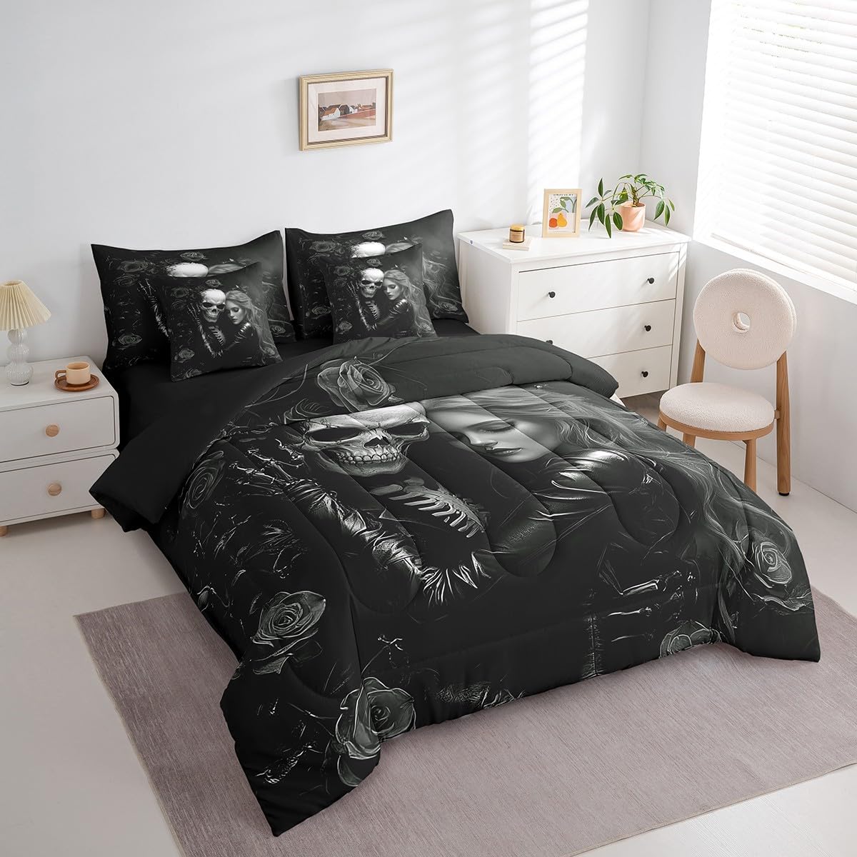 Erosebridal 7Pcs Black Valentines Day King Comforter Set,3D Girl Sugar Kiss Skull Bedding Sets,Gothic Rose Floral Bed in A Bag,Skull and Love Quilt with Flat Fitted Sheet Valentine's Day Gift Decor