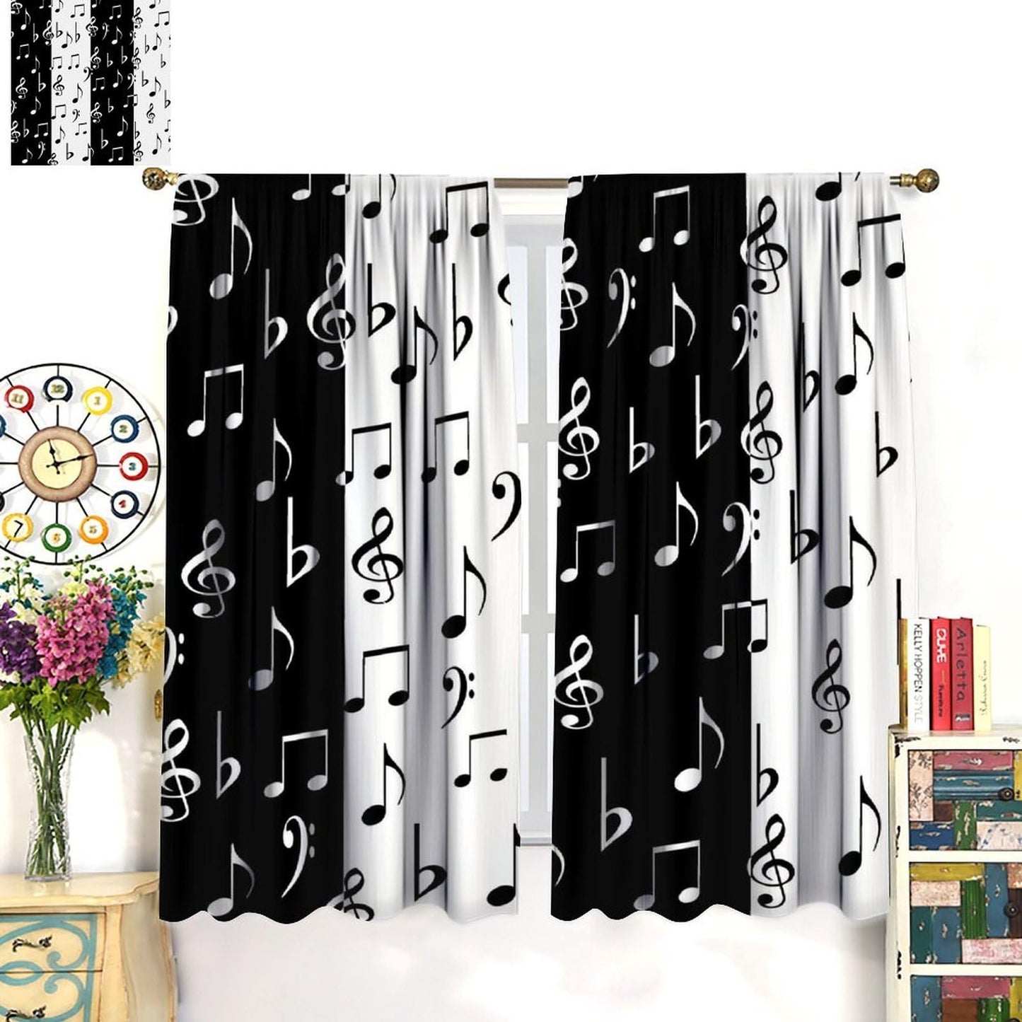 HZOHNAGO Music Curtain Black and White Music Notes Pattern Blackout Print Rod Pocket Window Drapes for Bedroom Living Room 42x45in