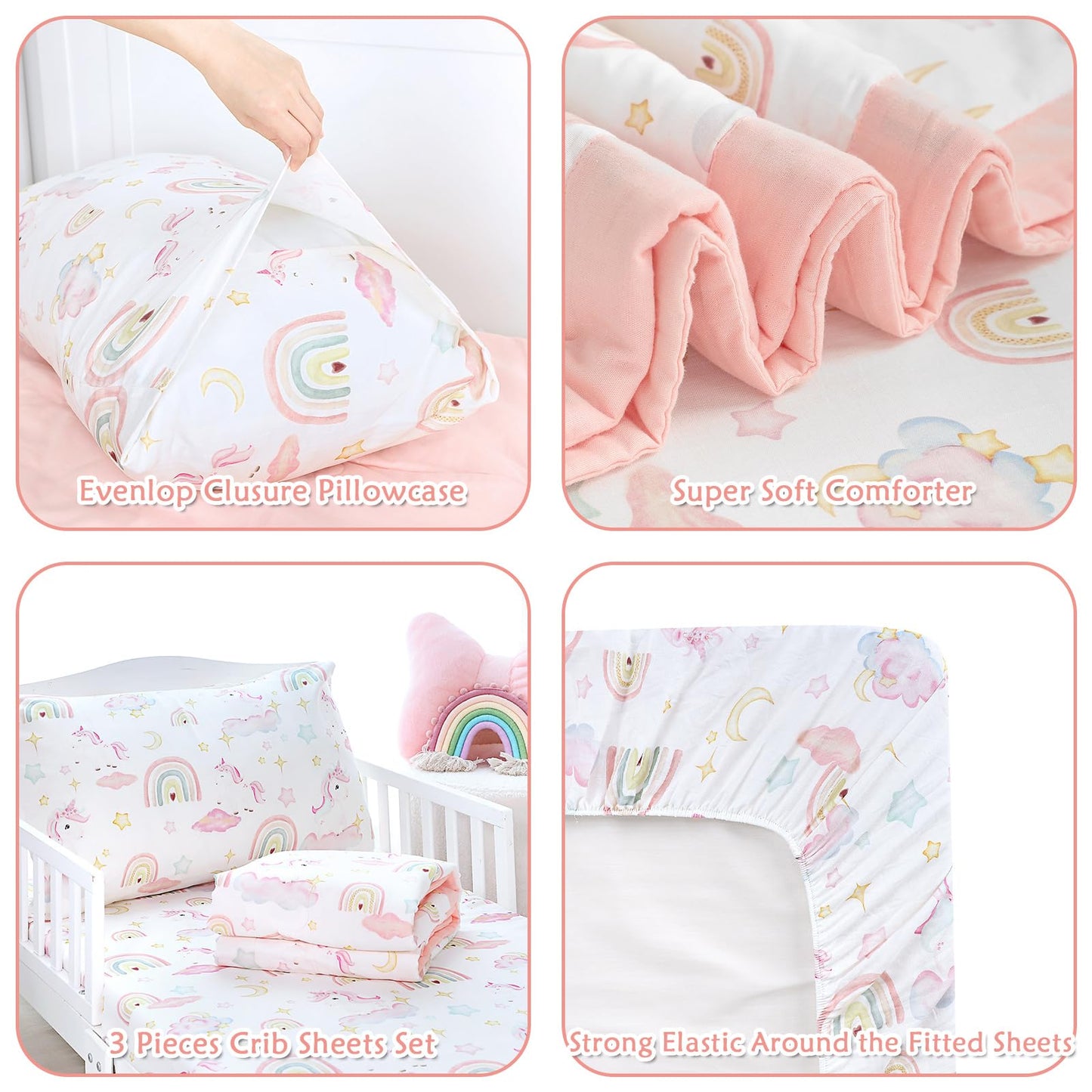 Pea Pod Muslin Toddler Bedding Set 3-Piece - Soft Breathable Crib Bedding with Fitted Sheet, Quilt & Pillowcase for Infant & Kids Bed | Machine Washable Nursery Bed Set, Unicorn Rainbow