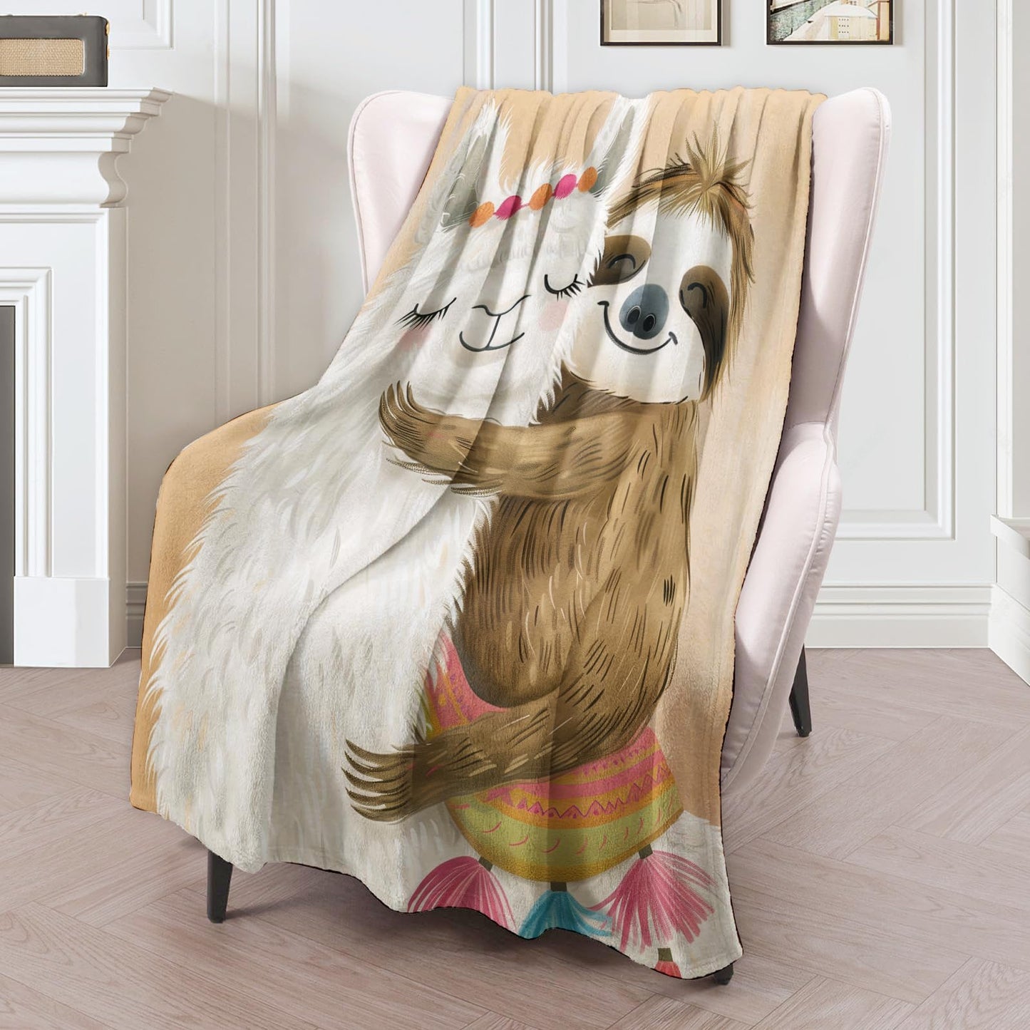 Whimsical Llama & Sloth Plush Throw Blanket | Ultra-Soft, Lightweight Flannel | Comfy Warmth, Anti-Pilling | Ideal for Couch, Bedroom, Travel for Children & Adults 60×50in