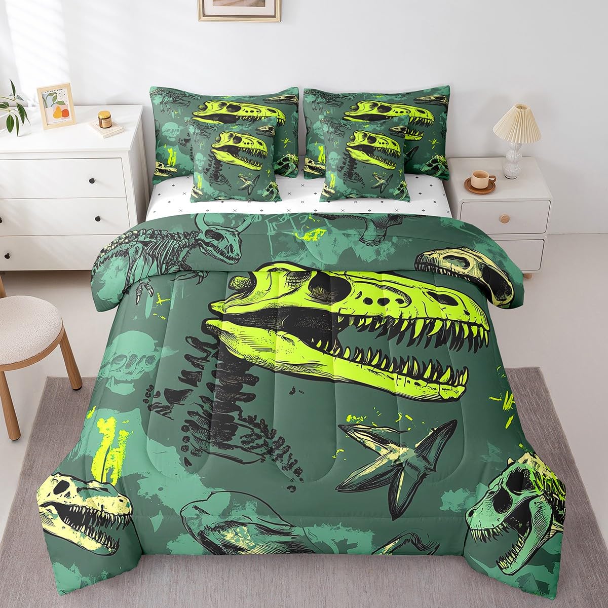 Erosebridal Dinosaur Comforter Set 7 Piece Bed in a Bag Twin,Goth Dino Bone Bedding Sets Gothic Sugar Skull Sheet Set with Comforter,Jungle Wild Animals Skeleton Bed Set