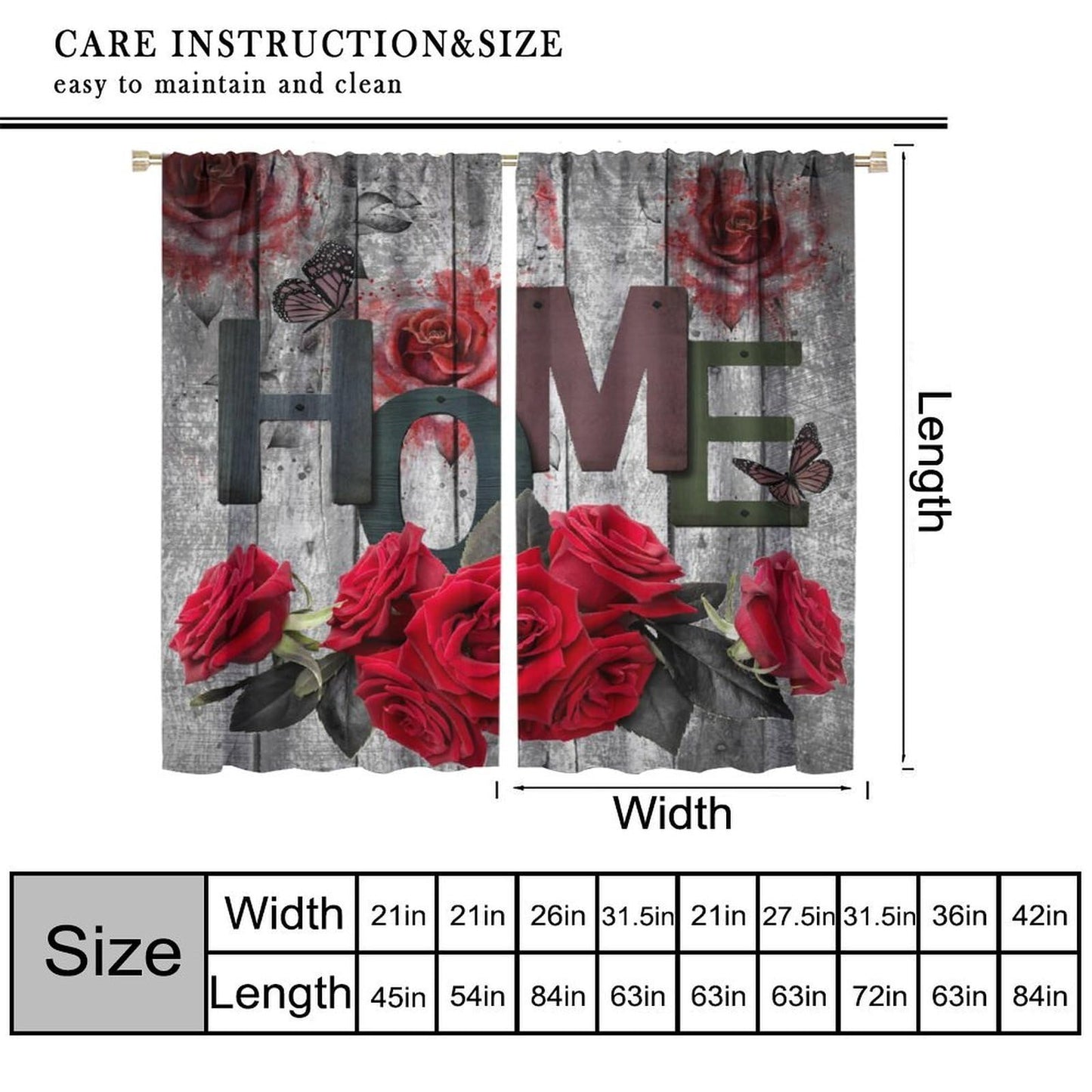 GoDazzling Red Rose Curtains, Wooden Rustic Romantic Flower Valentine's Day Rod Pocket Window Drapes, for Bedroom Living Room 41" W X 45" L (No Blackout)