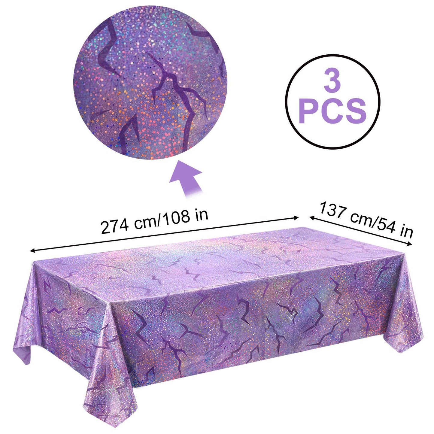 LHFYACI K-Style Birthday Decorations, Holographic Laser Tablecloth, 3 Pack Purple Shiny Lightning Disposable Table Covers for Birthday, Bridal Shower, Bachelorette, Disco Party, 54x108 Inch