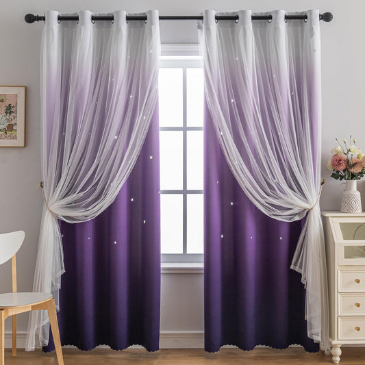 indistar Colourful Stripe Star Cut-Out Blackout Curtains for Bedroom,2 Layers Mix Design of Fabric & Tulle,Pretty Window Curtain for Kids Room 1 Panel (W52 x L72 Dark Purple)