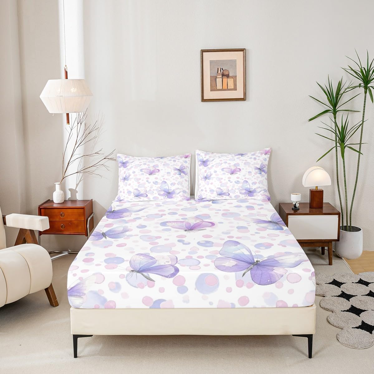 Feelyou Butterfly Fitted Sheet Twin Size for Kids Boys Girls Purple Balloon Bed Sheets Set 16" Deep Pocket Butterflies Printed Pattern Bedding with 1 Pillowcase Garden Room Decor