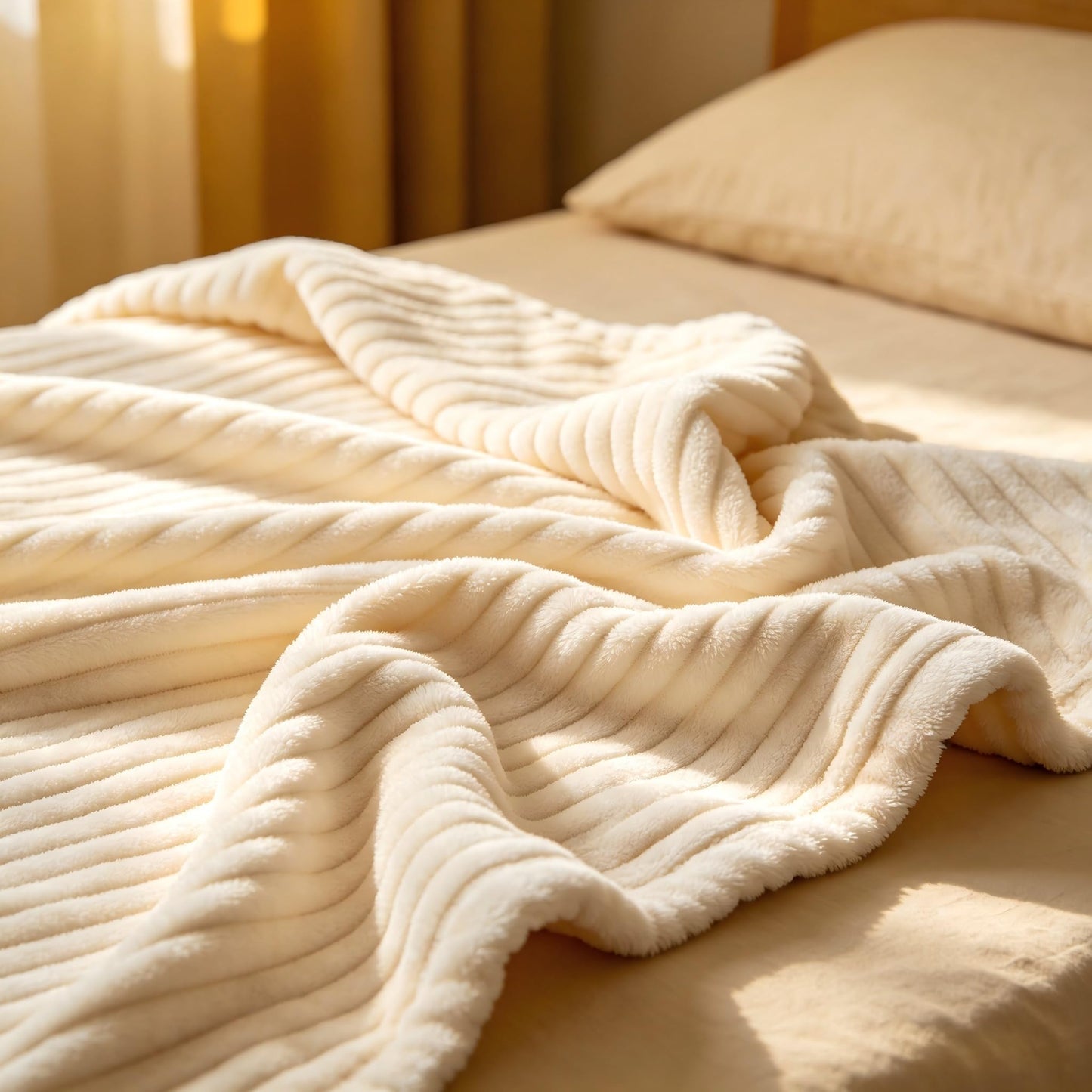 Throw Blanket for Couch, Fuzzy Soft Corduroy Blanket 50"x60", Lightweight Decorative Blanket for Living Room Bedroom Sectional Sofa, Cream White