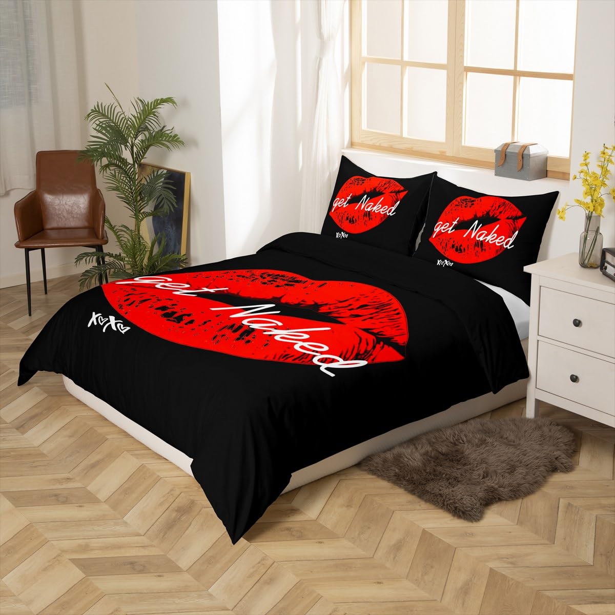 Feelyou Sexy Red Lips Bedding Set Get Naked Comforter Cover for Couple Lover Men Women Funny Quotes Duvet Cover Modern Fashion Stylish Black Red White Bed Set Room Decor Quilt King Size (No Comforter)
