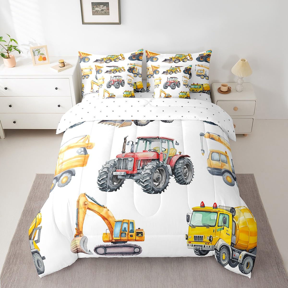 Erosebridal Kids Excavator Bedding Set Twin 7 Piece Retro Truck Comforter Sets Tractor Construction Vehicle Bed in A Bag with Sheets Crane Digger Mixer Bed Set for Kids Boys Teens Child Room