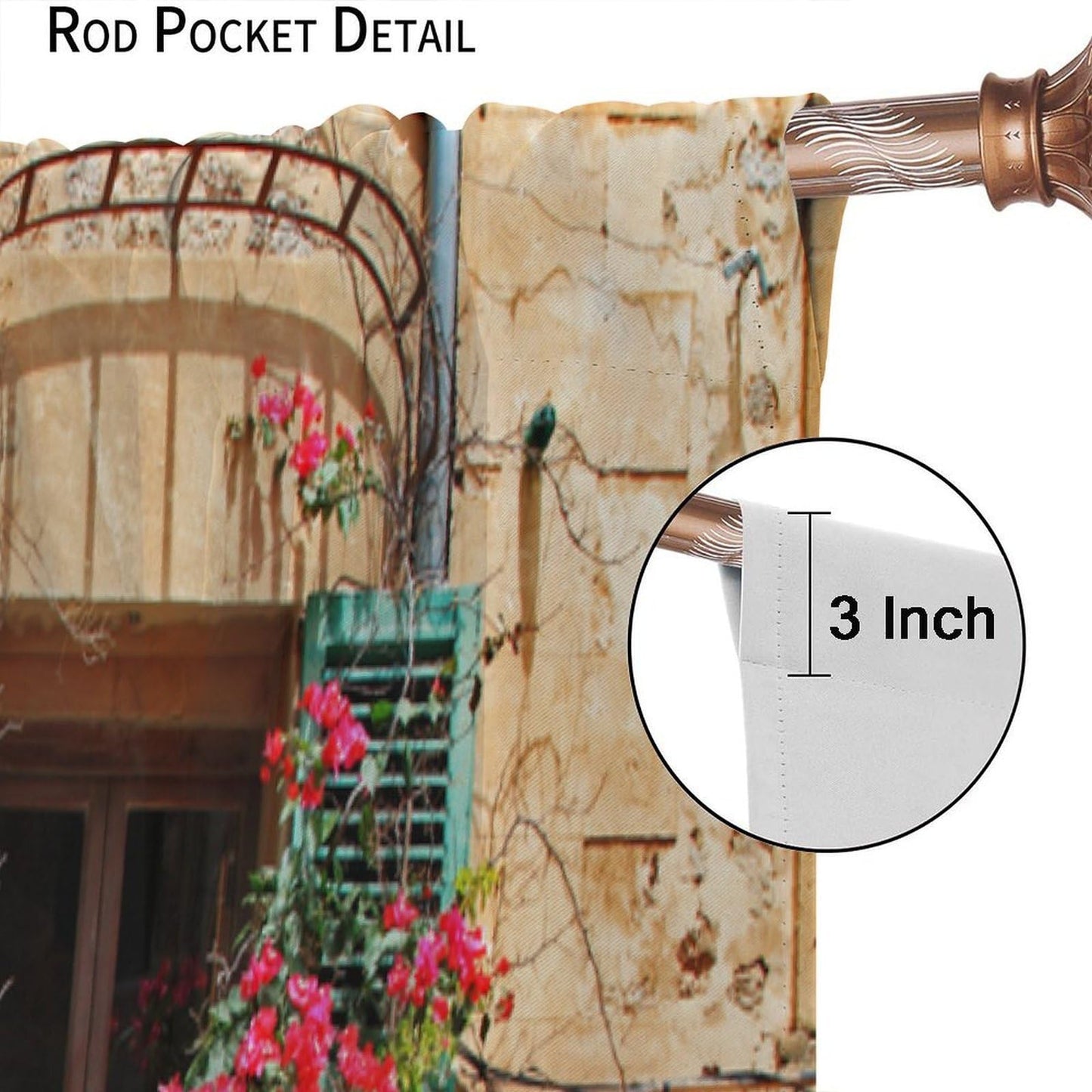 AAVEUP Italian Curtains for Kitchen Old Mediterranean Street Stone Rock House Floral Porches Pastoral Town Scenery Print Windows Treatments for Bedroom Living Room Bathroom 41x44.5in（No Blackout）