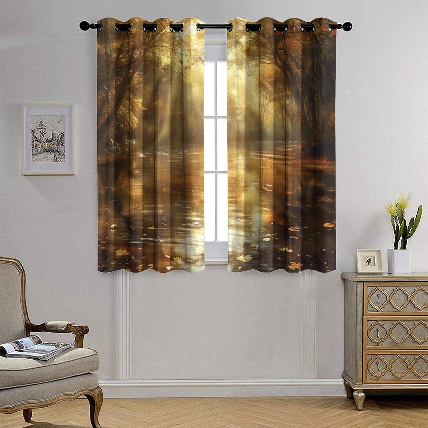 TOWINSFB Autumn River Tree Blackout Curtains for Bedroom/Living Room, Nature Landscape Maple Leaf Grommet Curtains Thermal Insulated Window Drapes, 2 Panels, Each 21W x 63L