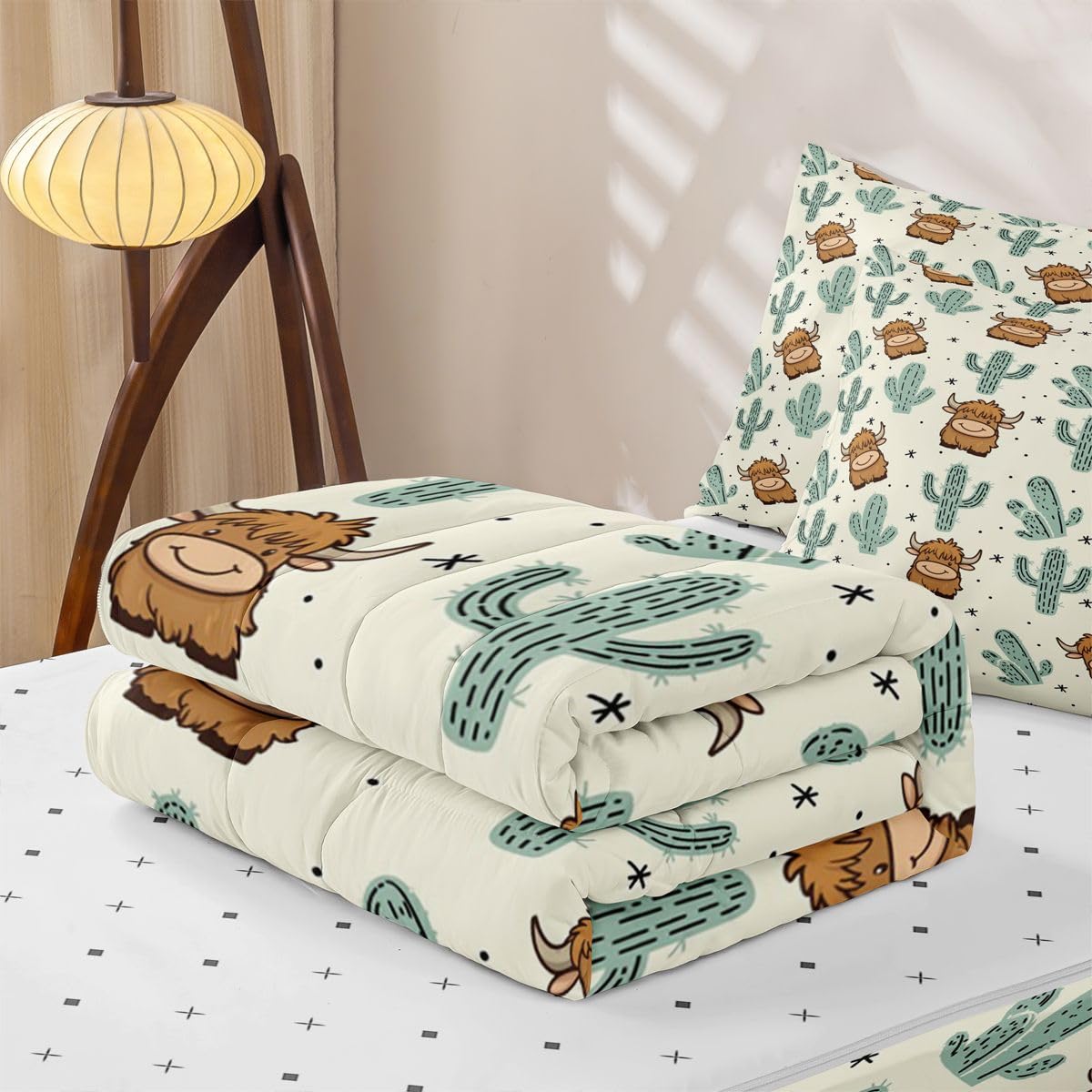 Feelyou Khaki Southwestern Aztec Zipper Bedding Twin Western Cactus Bohemian Boho Tribal Comforter Set with Fitted Sheet and Pillowcases Highland Cow Zipper Bedding Sets Highland Cattleorange