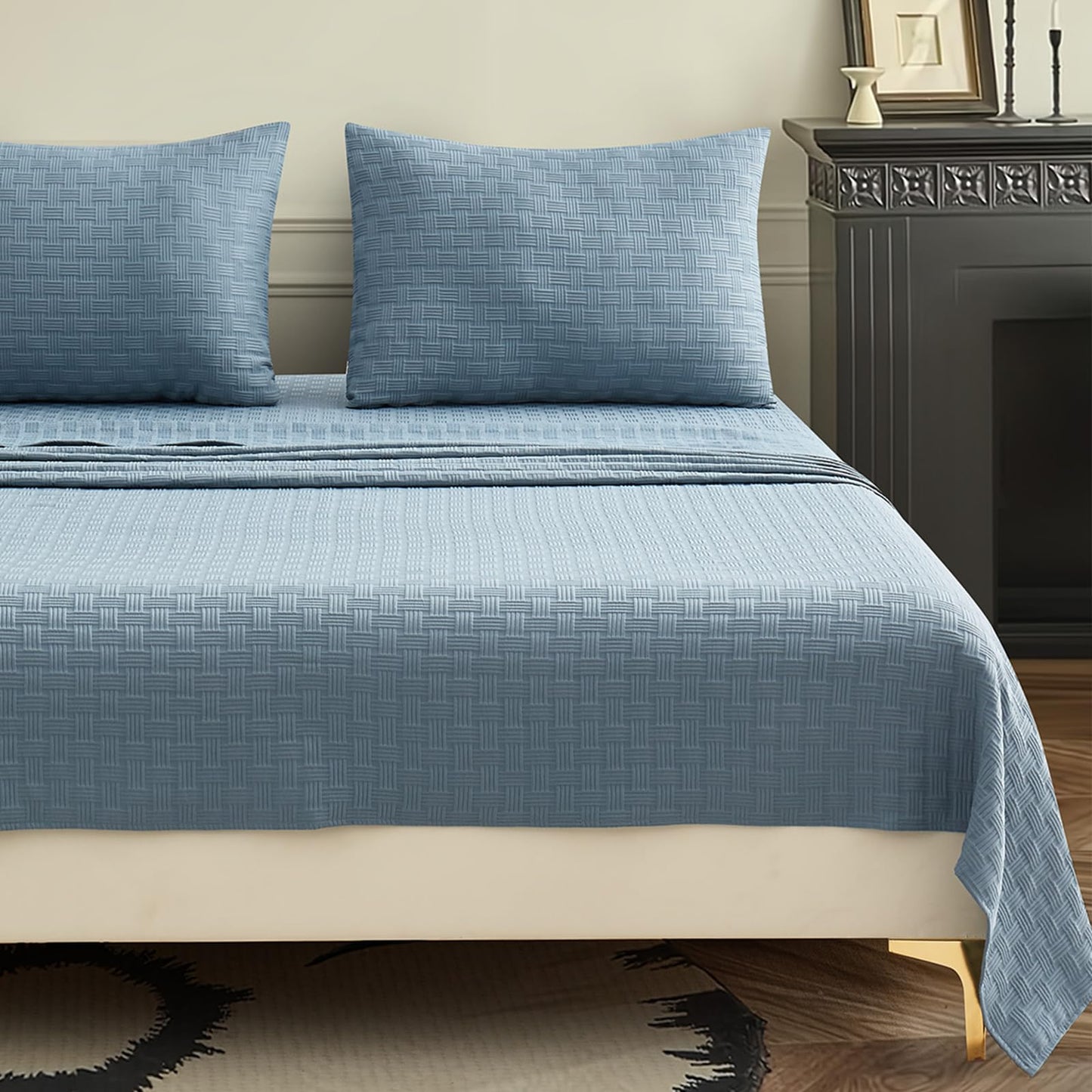 Seavelson Woven Grid Soft King Size Sheet Set - Comfortable & Breathable 4 Piece Bed Sheets with 1 Fitted Sheet,1 Flat Sheet & 2 Pillowcases - Deep Pocket Up to 18 Inches (Blue Grey)