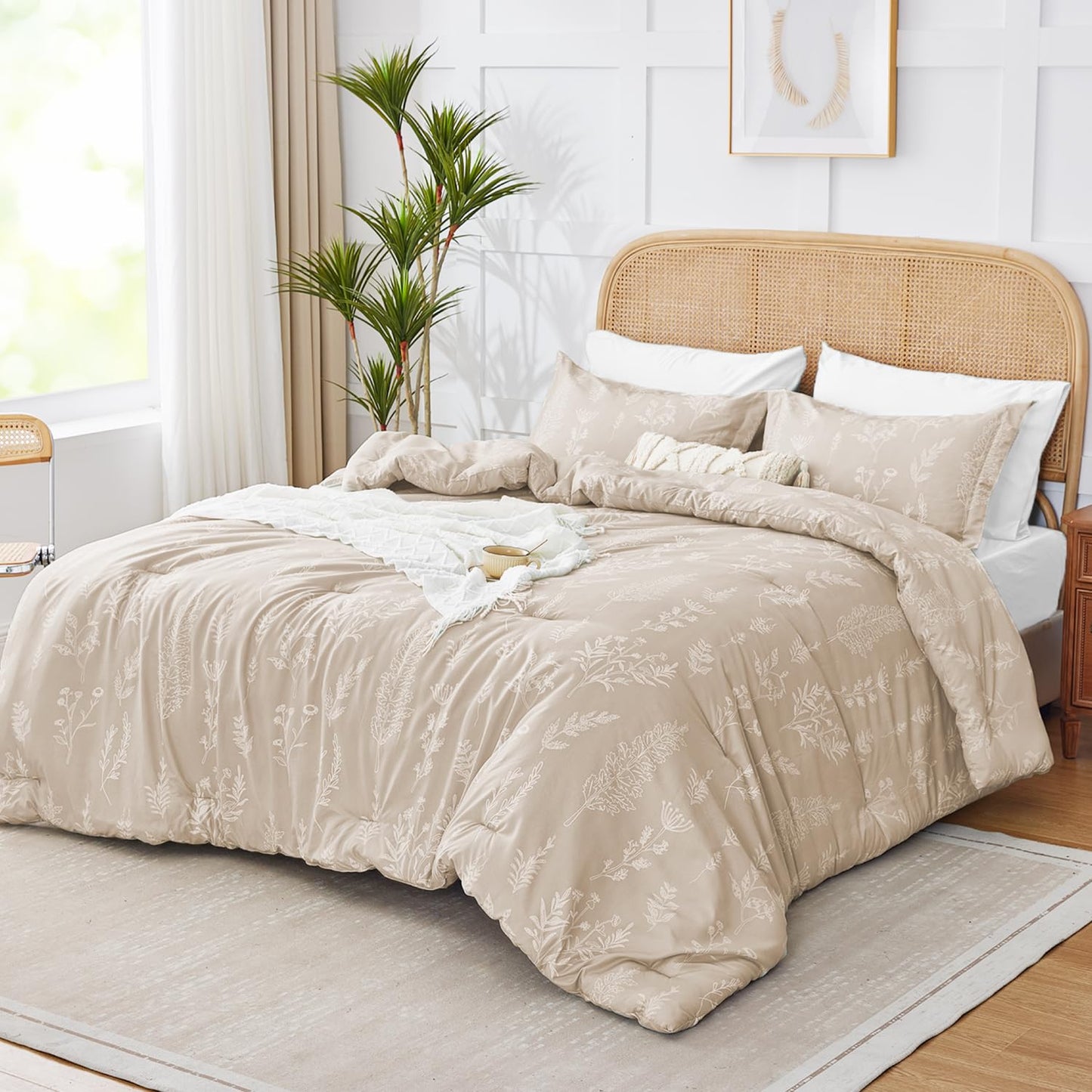 Kozyhvn Twin XL Comforter Set Khaki, Cute Floral Bed in a Bag Twin XL Boho 5 Pieces, Soft Fluffy Bedding Sets with Comforter, Sheets, Pillowcase & Sham, All Season