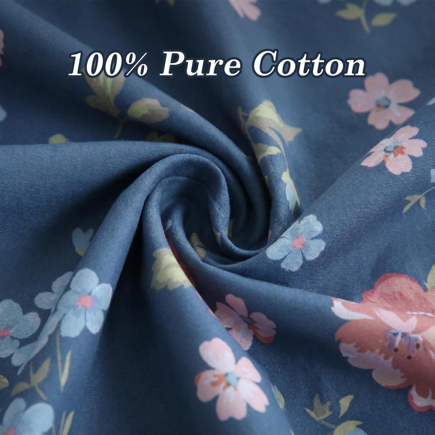Ocharo Spring Floral 100% Cotton Duvet Cover King Size for Girls,Botanical Flowers Reversible Comforter Cover with Zipper Closure,3 Pieces Soft & Breathable Navy Pink Bedding Set for All Seasons