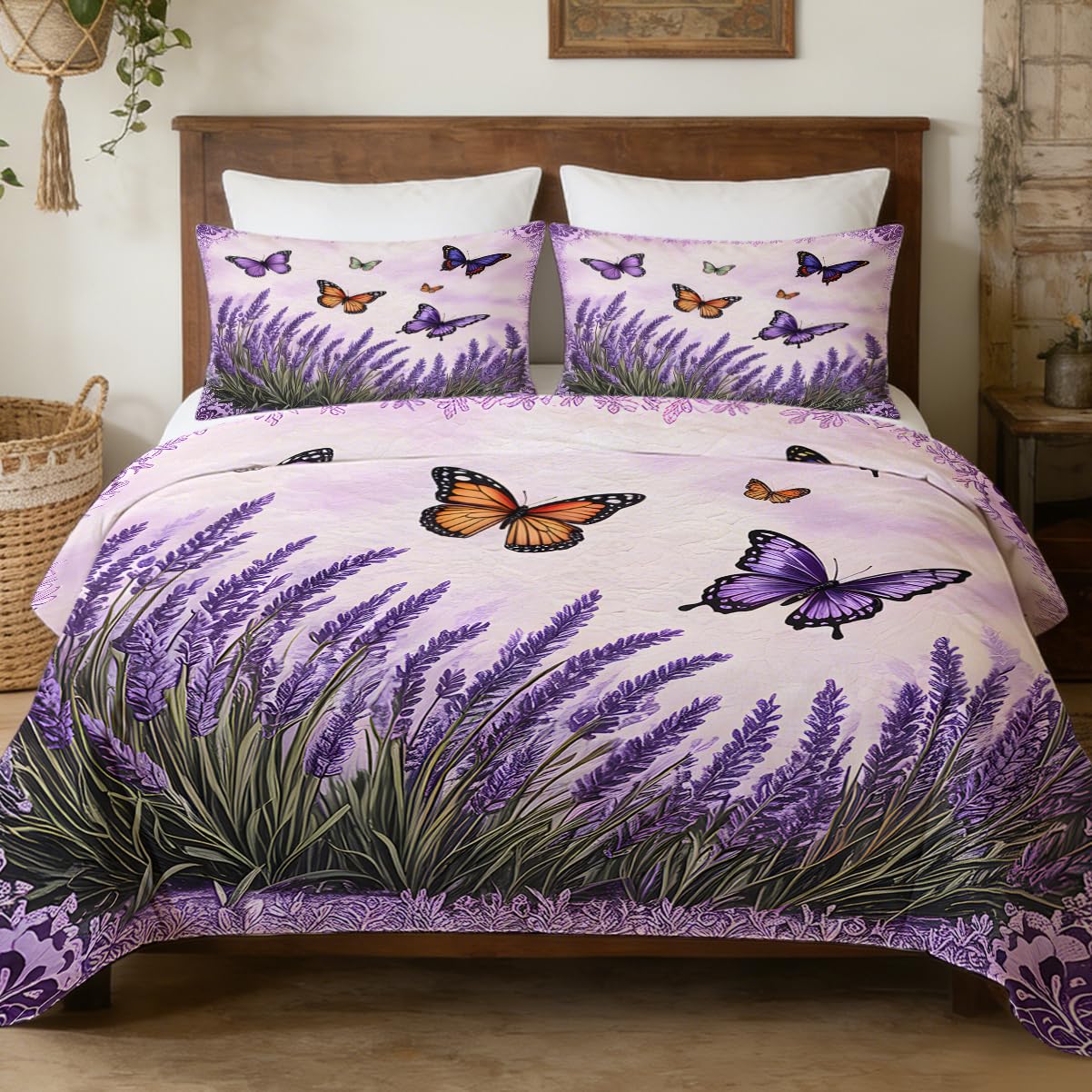 MILANKET Lavender Butterfly Duvet Cover Set Purple Floral Bedding with Zipper Closure and Corner Ties Soft Microfiber Nature Inspired Comforter Cover for Women Girls Bedroom Decor Twin