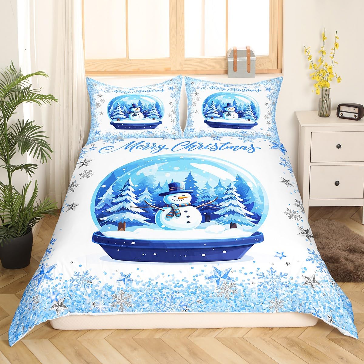 Snowman Xmas Tree Duvet Cover Set Twin Size,Merry Christmas Bedding Set,Sliver Blue Glitter Snowflake Comforter Cover for Kids Boys Girls Teens Room Decor,Fantasy Winter Quilt Cover,1 Pillowcase
