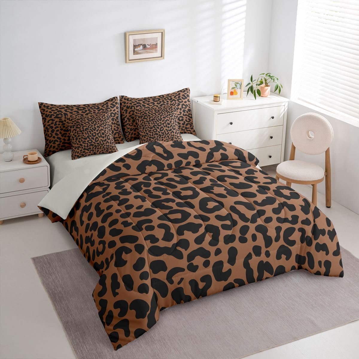 Erosebridal Leopard Print King Bedding Set 7 Piece for Boys Brown Cheetah Decor Bed in A Bag for Kids Teens Youth Adult African Safari Animal Comforter Set with Sheet Cat Panthera Bed Sets