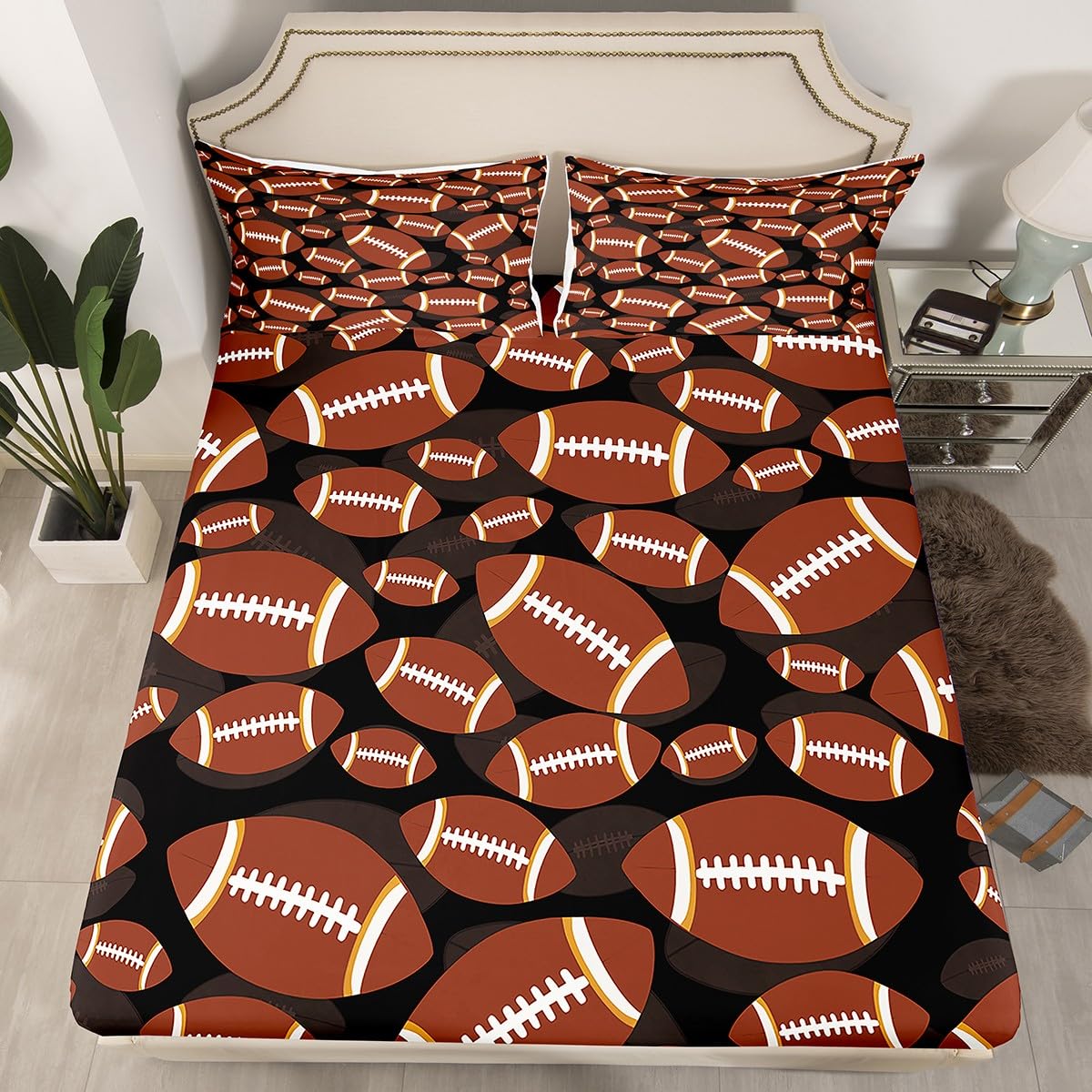Feelyou Football Bed Sheets Sports Theme Bed Sheet Set for Kids Boys Girls Rugby Game Bedding Set Ball Games Competition Fitted Sheet Bedroom Collection 3Pcs Full Size