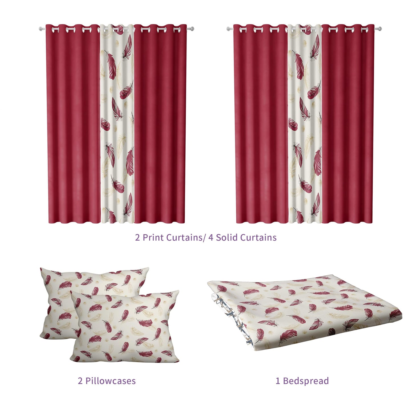 Deepsleep King Bedspread Set 9 Pieces, All Season Luxury Bed in a Bag for Bedroom, with 2 Pillowcases and 6 Curtains, Ultra-Soft Microfiber for Complete Bedroom Decor, Red and White Feather