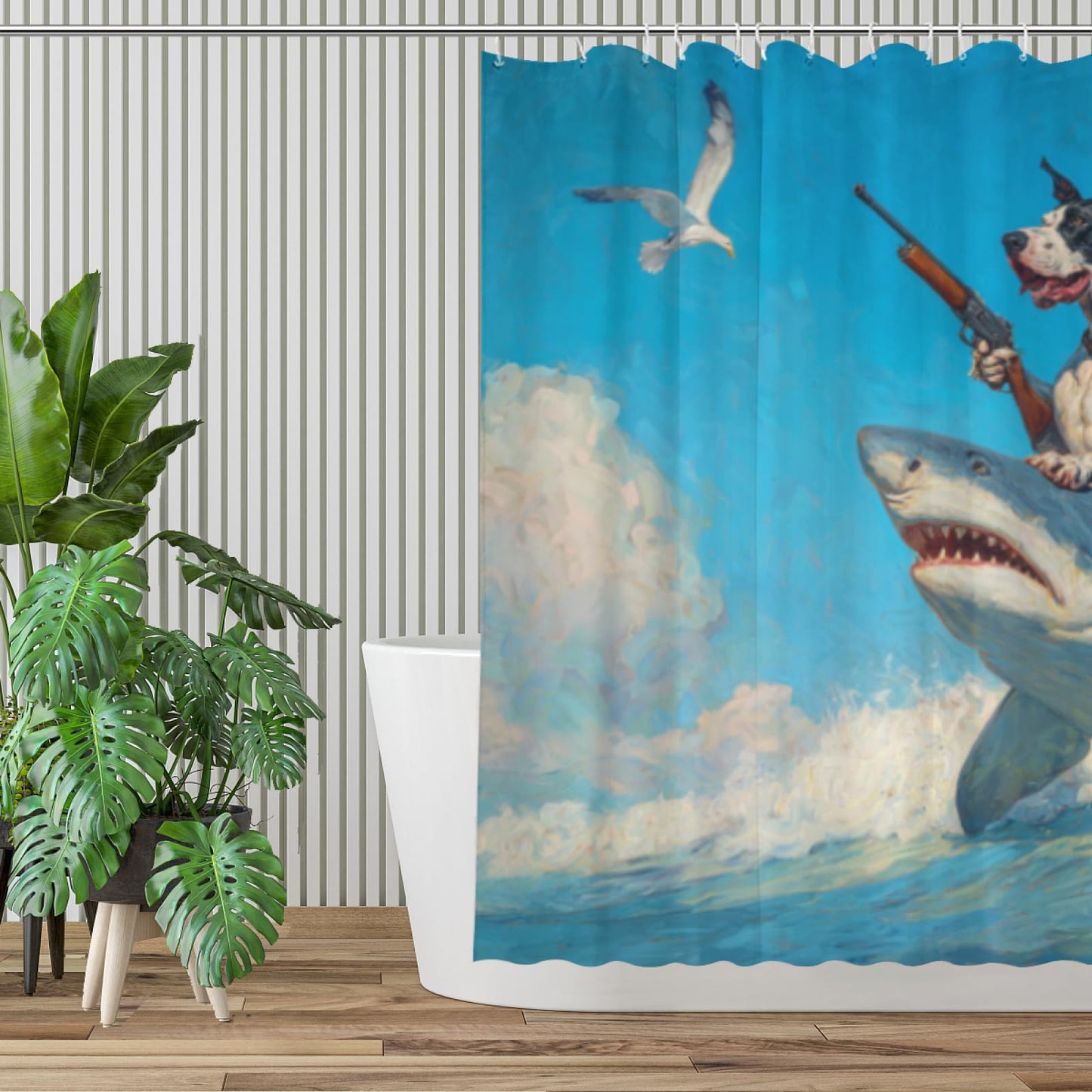 Wordatu Funny Great Dane Riding Shark Shower Curtain Ocean Sea Waves Seagull Animal Surfing for Kids Boy Men Waterproof Fabric Bathroom Decor 72x72 Inch with 12 Hooks