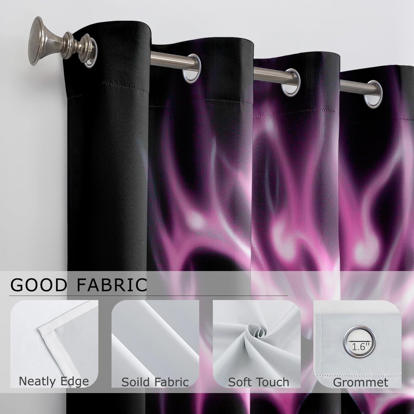 Solvivae Gothic Black Out Curtains 63 Inch Long, Flame Skull Curtain for Bedroom Living Room, Room Darkening Thermal Insulated Grommet Drapes, Horror Spooky Halloween Window Curtains
