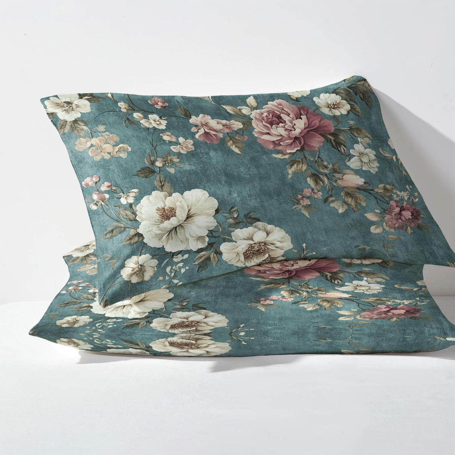 NOGAWA Rustic Flower Sheets Queen, Floral Blue Bed Sheets, Deep Pocket & Soft Microfiber Bedding Sheets & Pillowcases 4 Piece - Fitted Sheet & Flat Sheet & 2 Pillow Cases