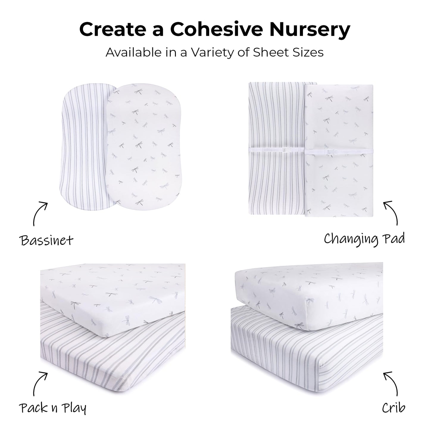 Ely's & Co. Pack and Play Sheets, for Mini/Portable Crib, 2 Pack Fitted Playpen Play Yard Sheet Set Compatible with Graco Pack n Play, for Baby Boys, 100% Cotton, 38”x24”x5” Blue Dragonfly + Stripes