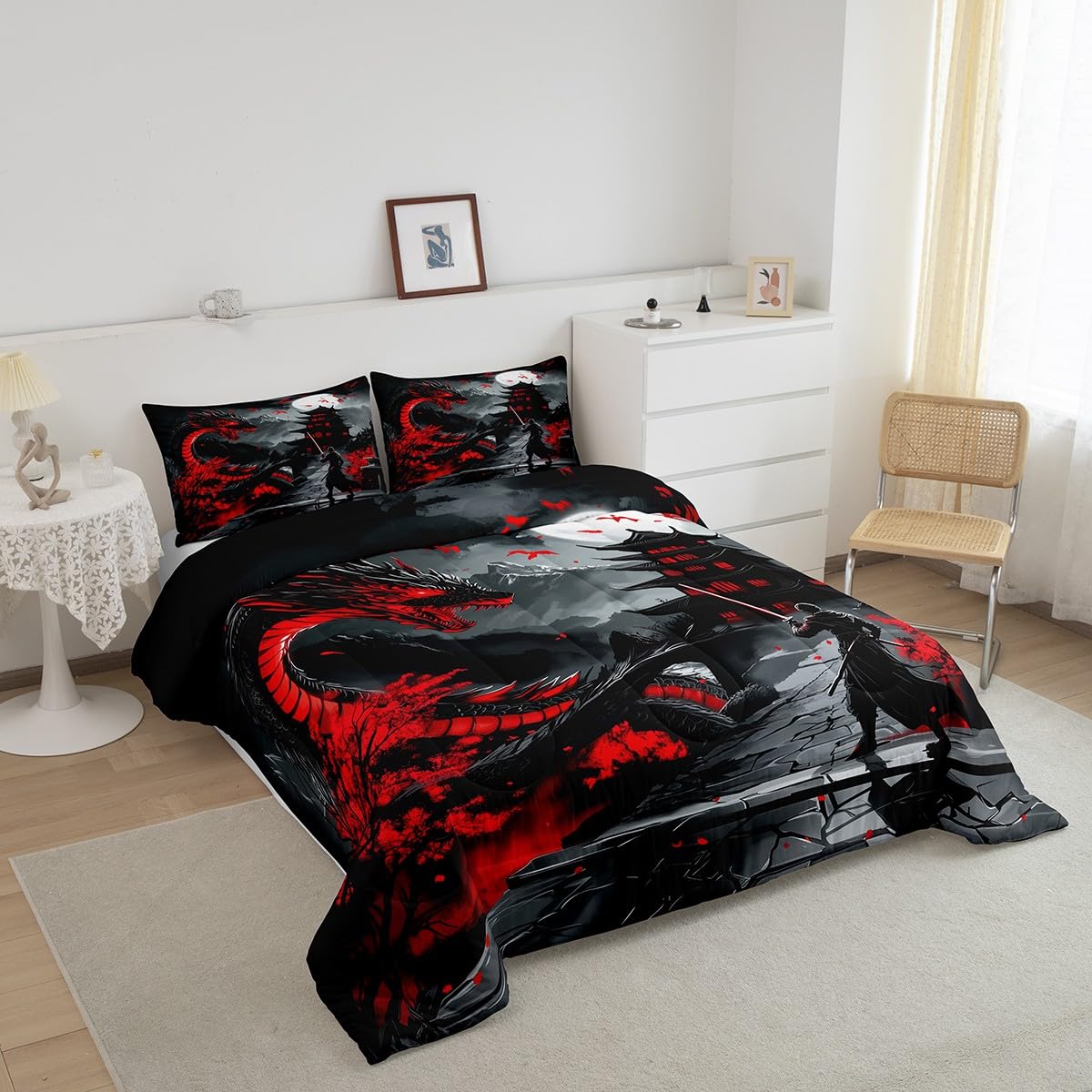 Erosebridal Dragon Bedding Set Full Size, Japanese Style Comforter Set for Teens Youth Adult Men Room, Ancient Animal Quilt, Retro Wildlife Ukiyo-E Down Comforter, Black Grey Red