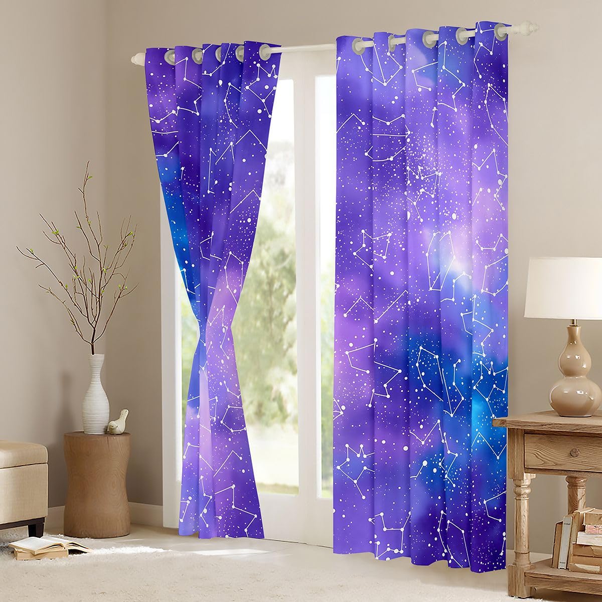 Feelyou Galaxy Deep Purple Curtains for Bedroom Living Room Golden Stars Glitter Blackout Darkening Drapes Tie Dye Pastel Window Treatments, 2 Panels 42 x 90 Inch Bling Party Decorations Room Decor