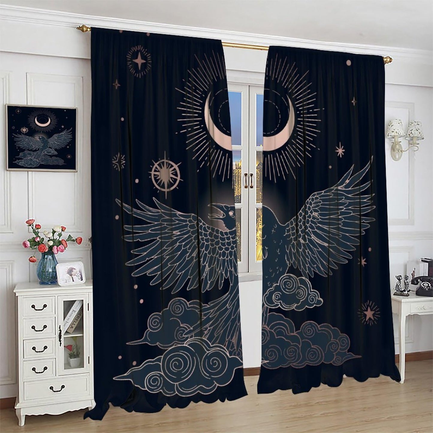 DDCBNS Boho Crow Curtains,Bohemian Style Black Birds Raven Moon Star Print Window Treatments for Bedroom Living Room Kitchen Window Drapes 2 Panel Set,Total Size 42 x 45 Inch