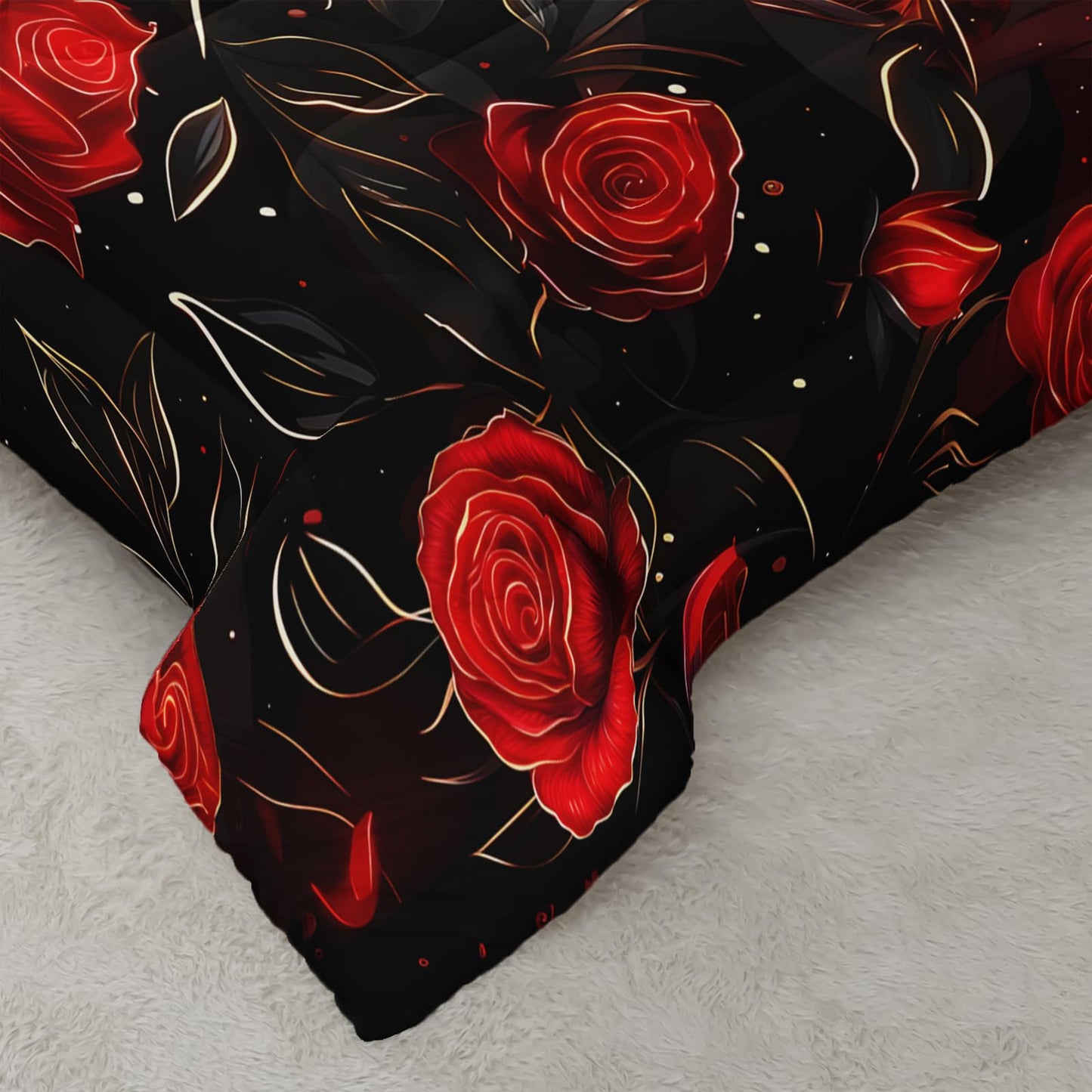 AILONEN Red Bloom Full Comforter Set 3 Piece, Black Botanical Bedding, Golden Leaf Romantic Flower Pattern, Teen Room, 2 Pillowcases