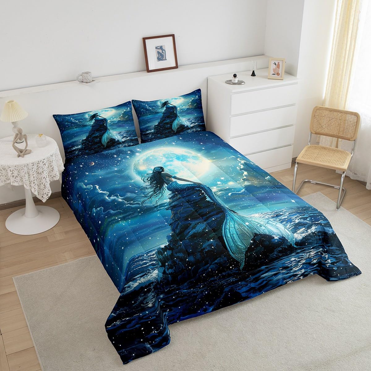 3D Mermaid Comforter Set Queen Size,Sea Moon Starry Sky Bedding Set for Kids Boys Girls Room Decor,Blue Fish Scale Fantastic Duvet Insert 3Pcs,Luxury Fashion Soft Microfiber Quilt Set,2 Pillowcases