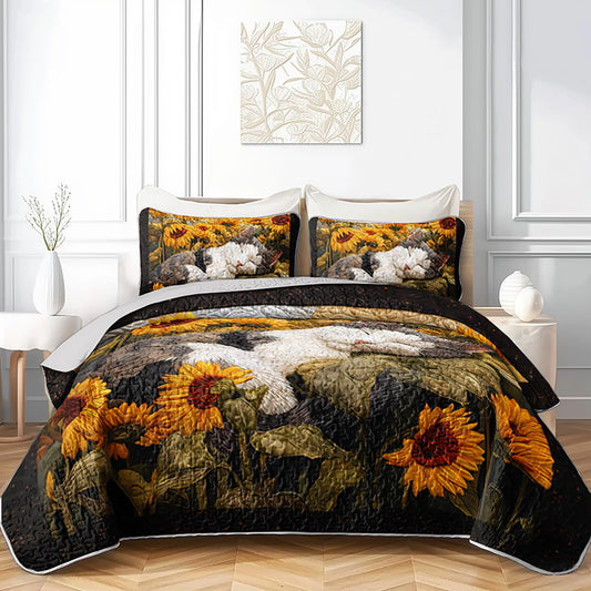 AILONEN Cat Quilt Set Queen Size for Kids Girls - 3-Piece Yellow Sunflower Bedspread Cartoon Cat Coverlet,Lovely Pet Animal Printed Quilt,2 Pillowcases