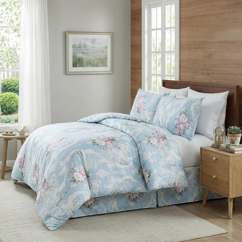 Cozaline Floral Duvet Cover Set King Size 100% Nature Cotton Blue Comforter Cover with Pink Floral, 3 Pieces Breathable & Soft Aesthetic Bedding Set with Zipper Closure